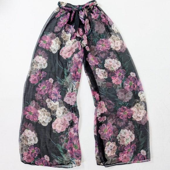 Sheer Floral Wide Leg Pants Transparent Belted Capris Flowers Moody - Picture 2 of 6